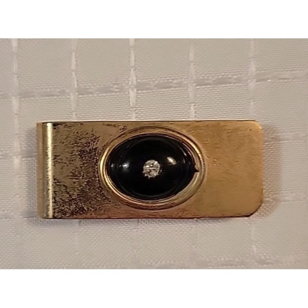 Vingtage Metal Gold Tone Money‎ Clip, Cufflinks, Tie Clip Onyx Clear Stone